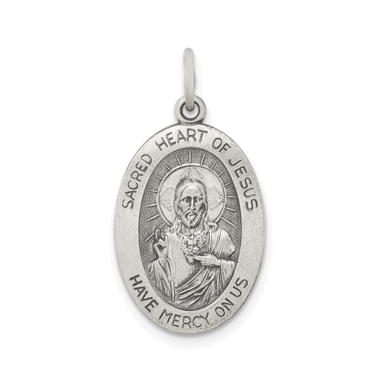 Sterling Silver Sacred Heart of Jesus Oval Medal with Have Mercy on Us Text