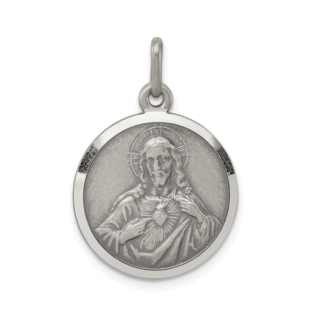 Sterling Silver Sacred Heart of Jesus Pendant with Radiant Heart Symbol for Men or Women