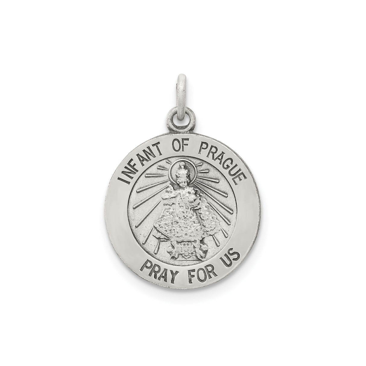 Sterling Silver Infant of Prague Medal Pendant with Detailed Jesus Image and Pray for Us Text