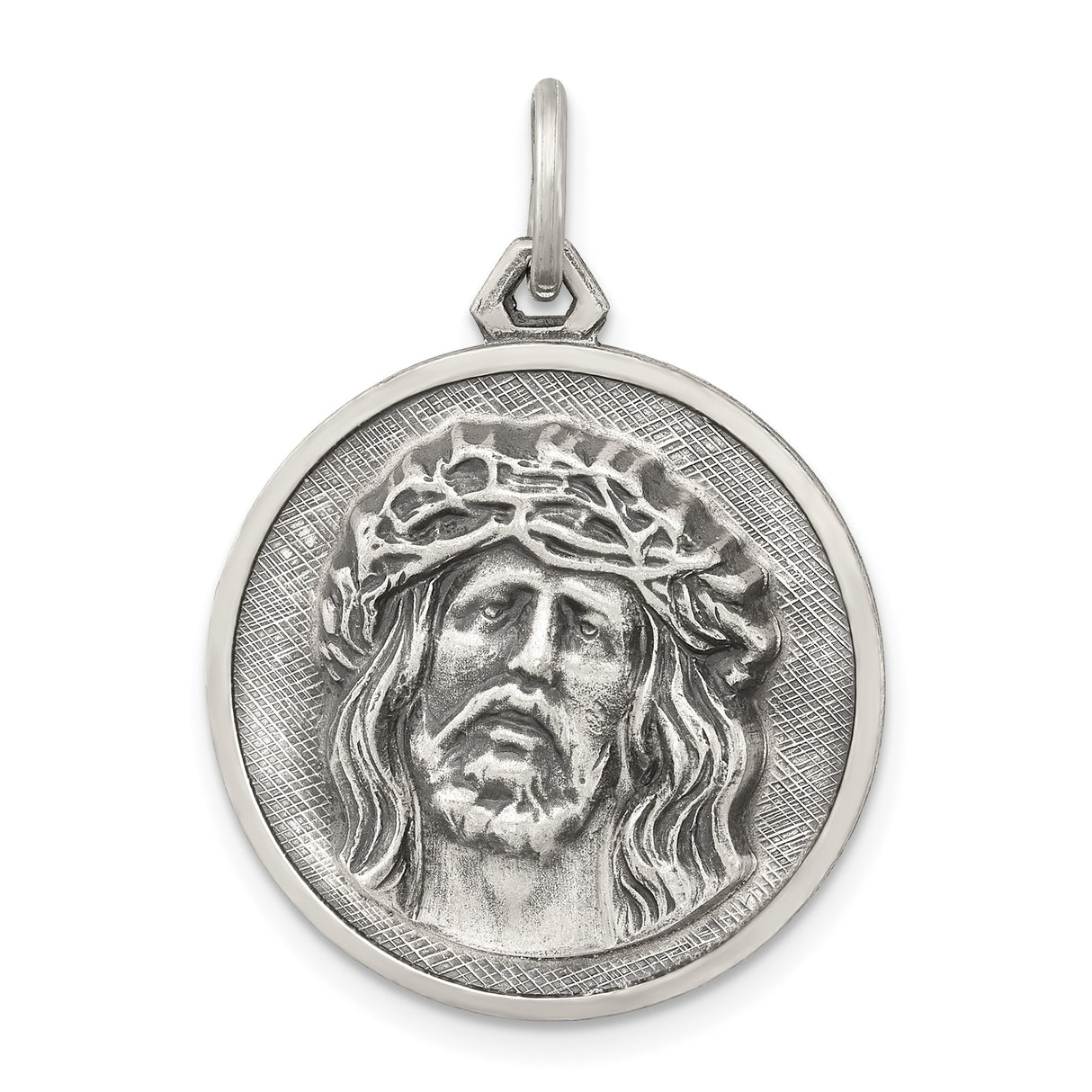 Sterling Silver Jesus Christ Pendant with Crown of Thorns, Religious Medal for Christians