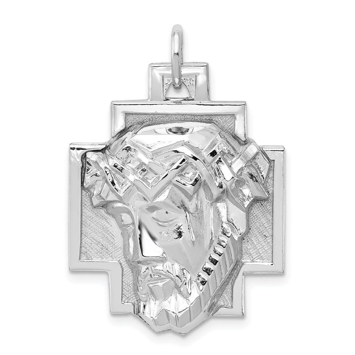Sterling Silver Jesus Face Pendant with Crown of Thorns on Cross Background