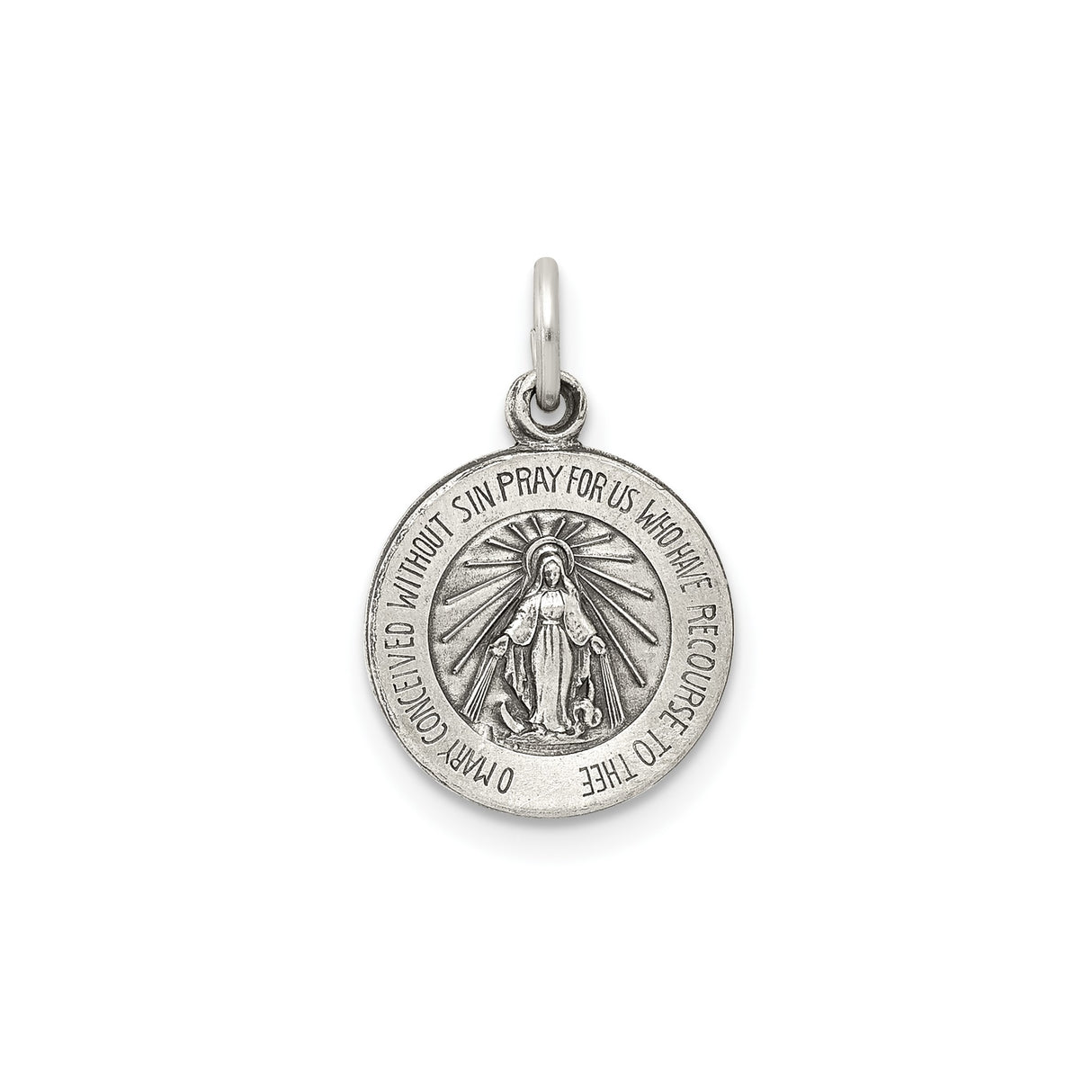 Sterling Silver Miraculous Medal Pendant Featuring Virgin Mary and Inscription