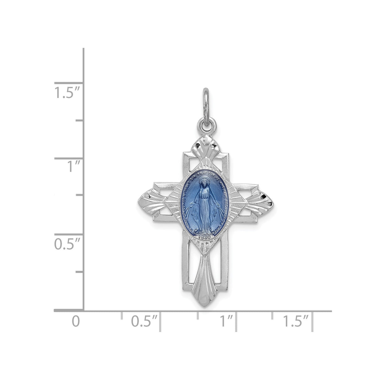 Sterling Silver Cross Pendant with Virgin Mary Medal and Blue Enamel , Religious Design for Men and Women