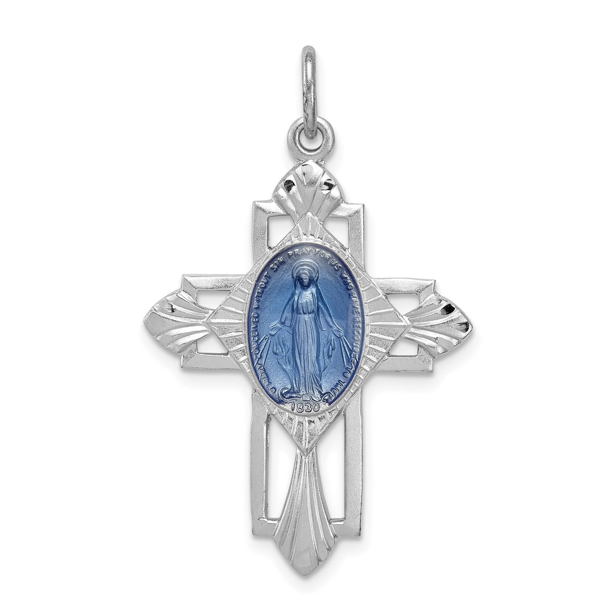 Sterling Silver Cross Pendant with Virgin Mary Medal and Blue Enamel , Religious Design for Men and Women