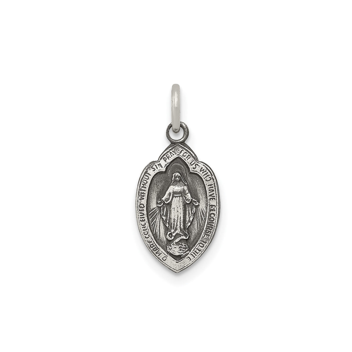Sterling Silver Miraculous Medal Pendant with Virgin Mary and Catholic Inscription