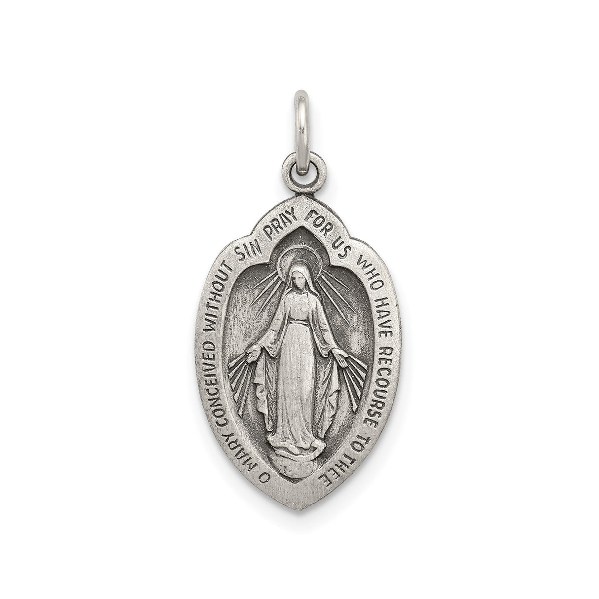 Sterling Silver Miraculous Medal Pendant with Virgin Mary Inscription, Catholic Religious Charm