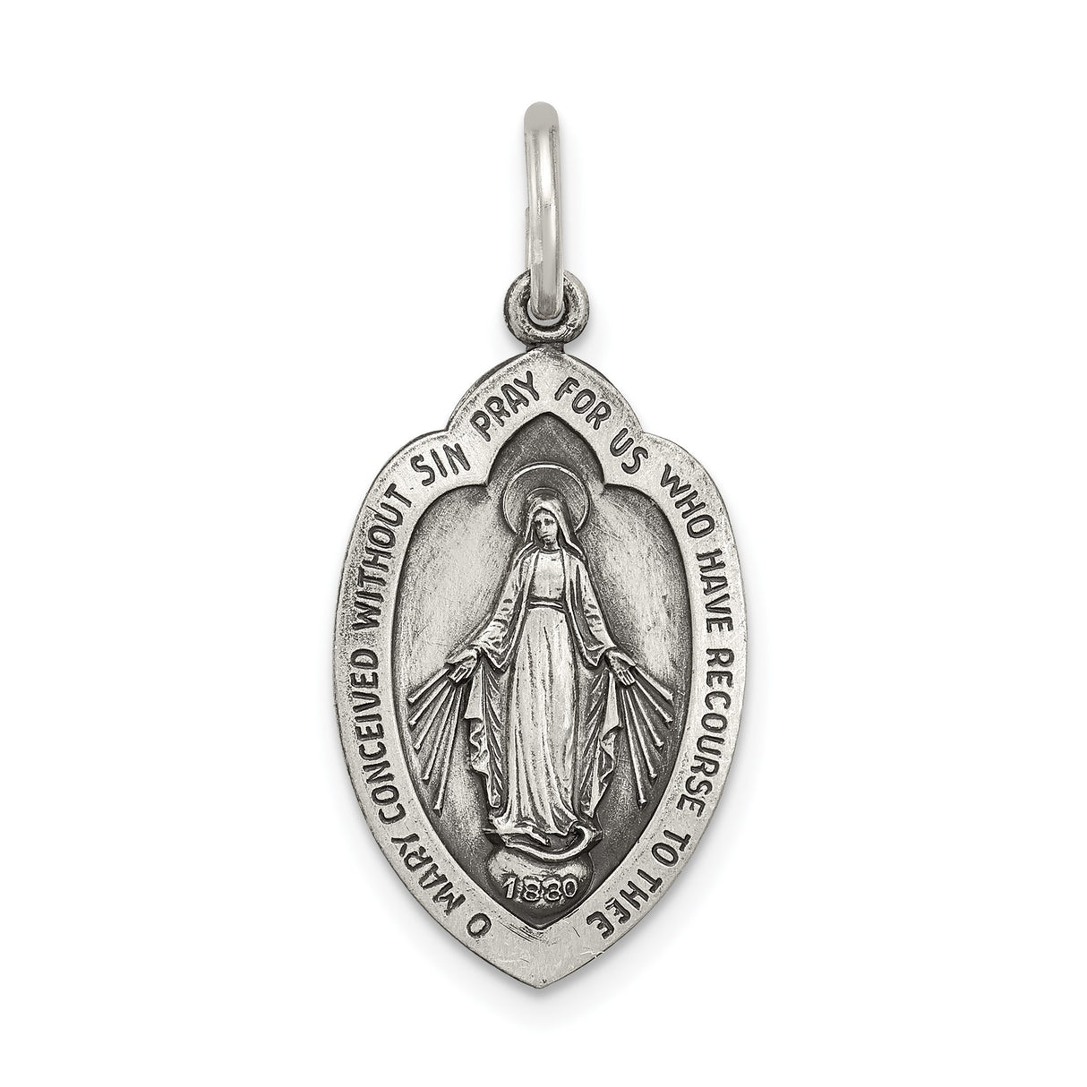 Sterling Silver Miraculous Medal Pendant Featuring Virgin Mary and O Mary Conceived Inscription