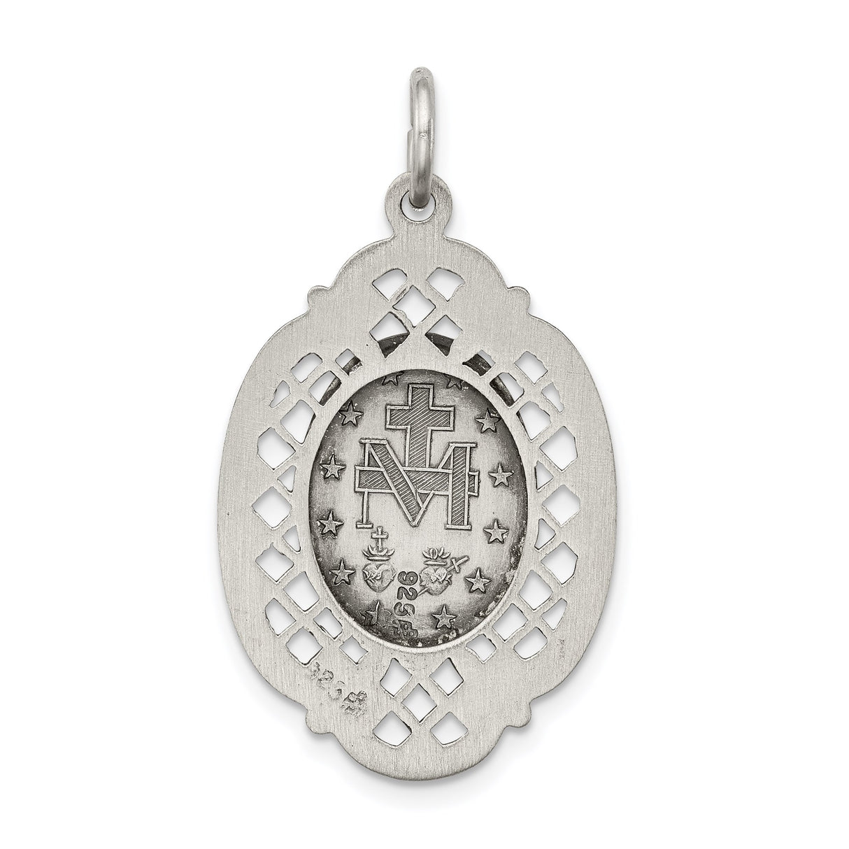 Sterling Silver Miraculous Medal Pendant Featuring Virgin Mary and Openwork Design