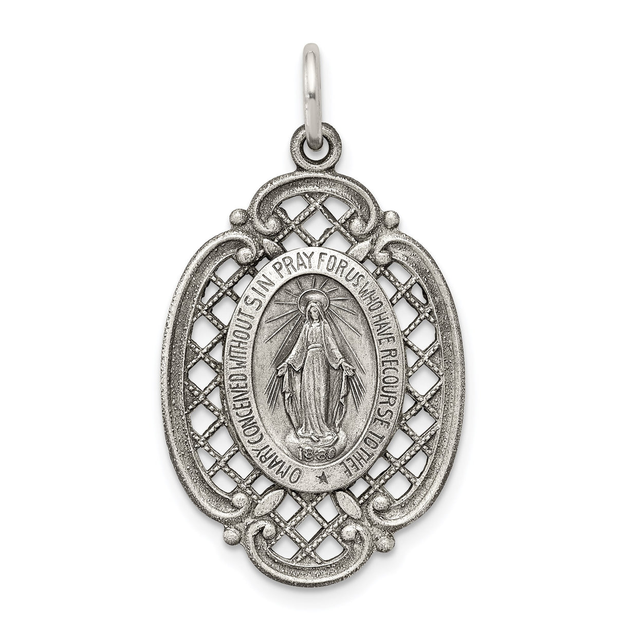 Sterling Silver Miraculous Medal Pendant Featuring Virgin Mary and Openwork Design