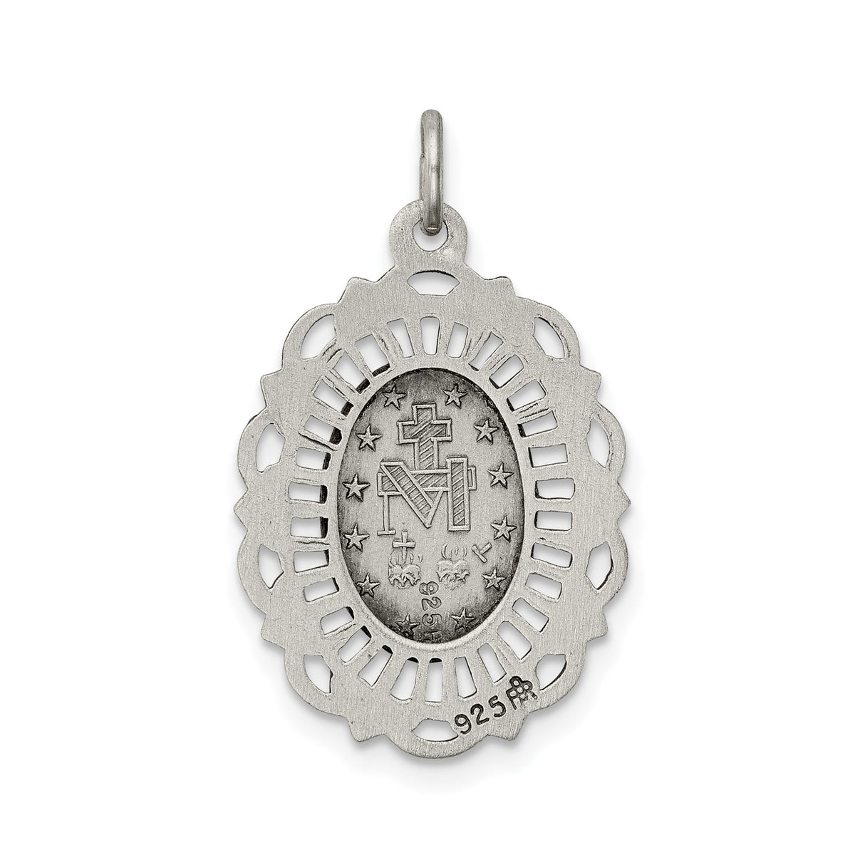 Sterling Silver Miraculous Medal Pendant with Virgin Mary and O Mary Conceived Inscription