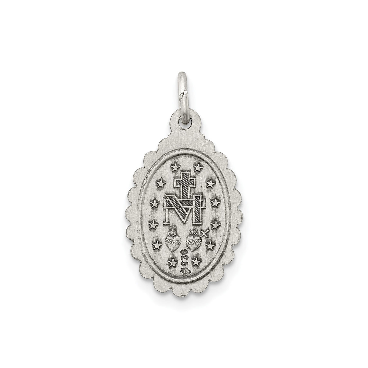 Sterling Silver Miraculous Medal Pendant, Virgin Mary Scalloped Oval with 1830 Inscription
