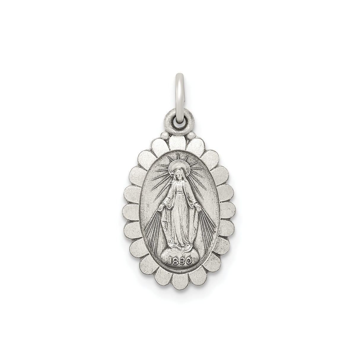Sterling Silver Miraculous Medal Pendant, Virgin Mary Scalloped Oval with 1830 Inscription
