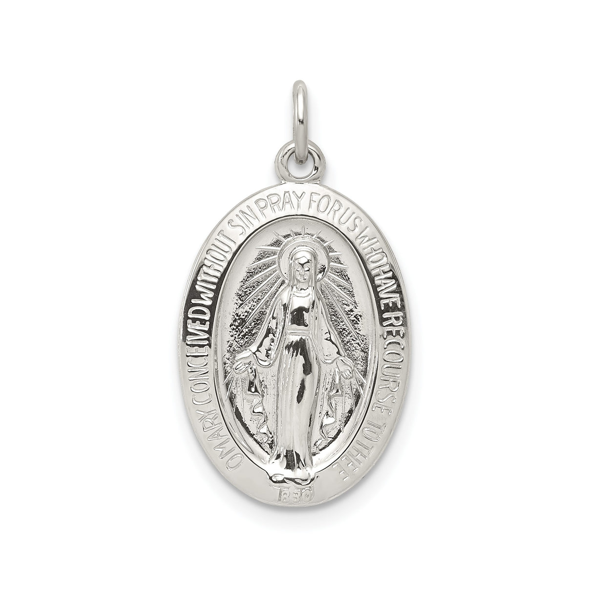 Sterling Silver Miraculous Medal Pendant with Virgin Mary and Religious Inscription