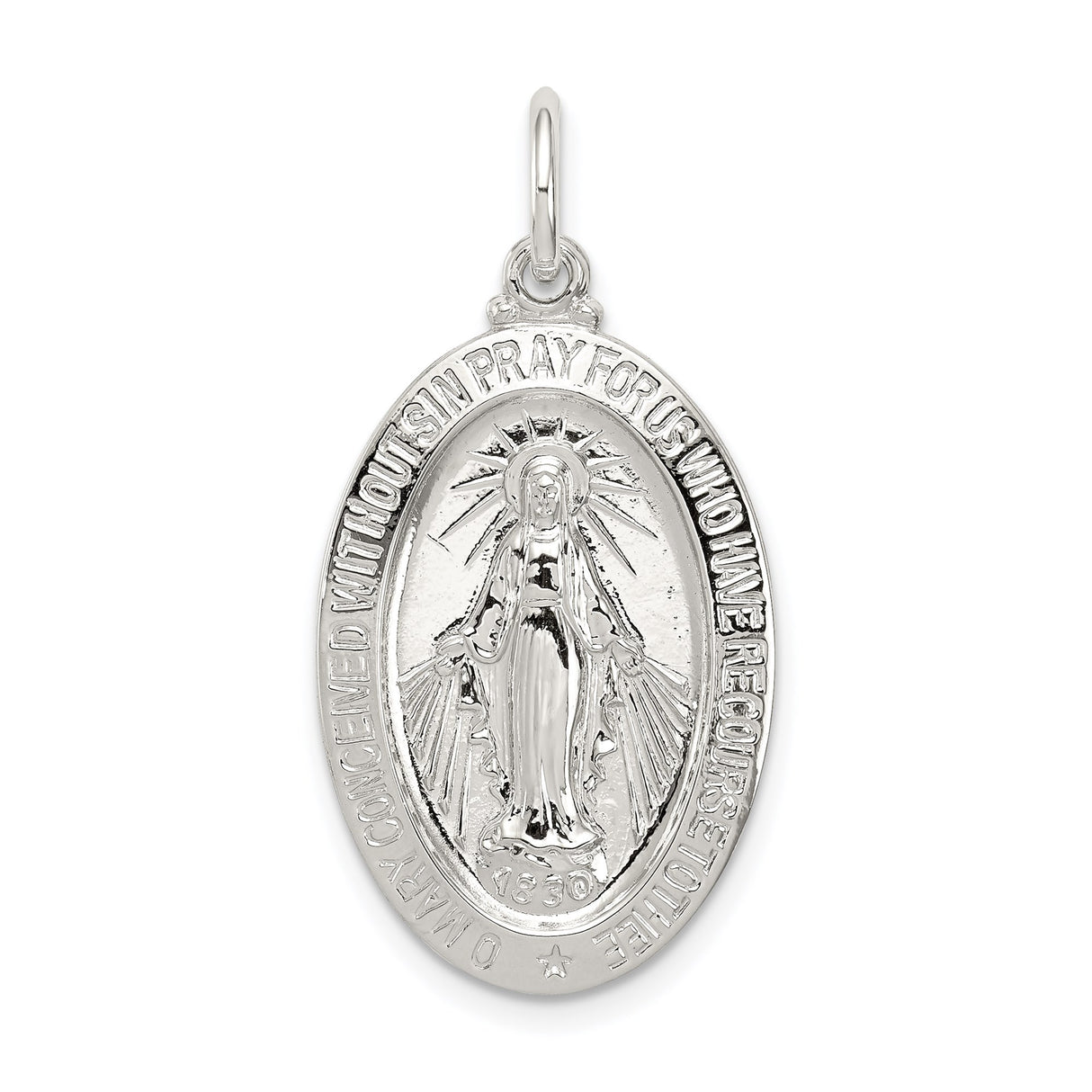 Sterling Silver Miraculous Medal Pendant Featuring Virgin Mary and Inscription