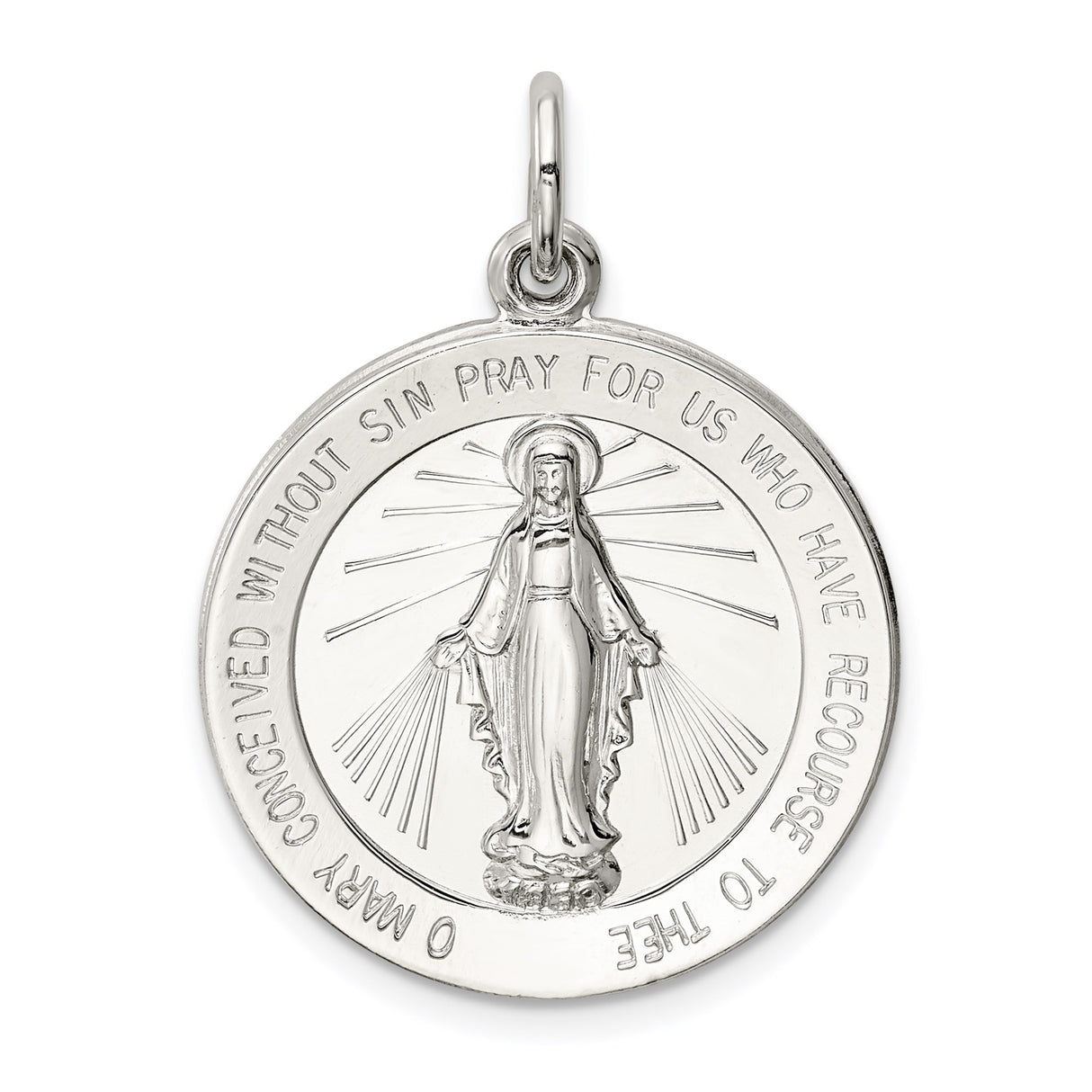 Sterling Silver Miraculous Medal Pendant with Virgin Mary Inscription, Catholic Religious Charm