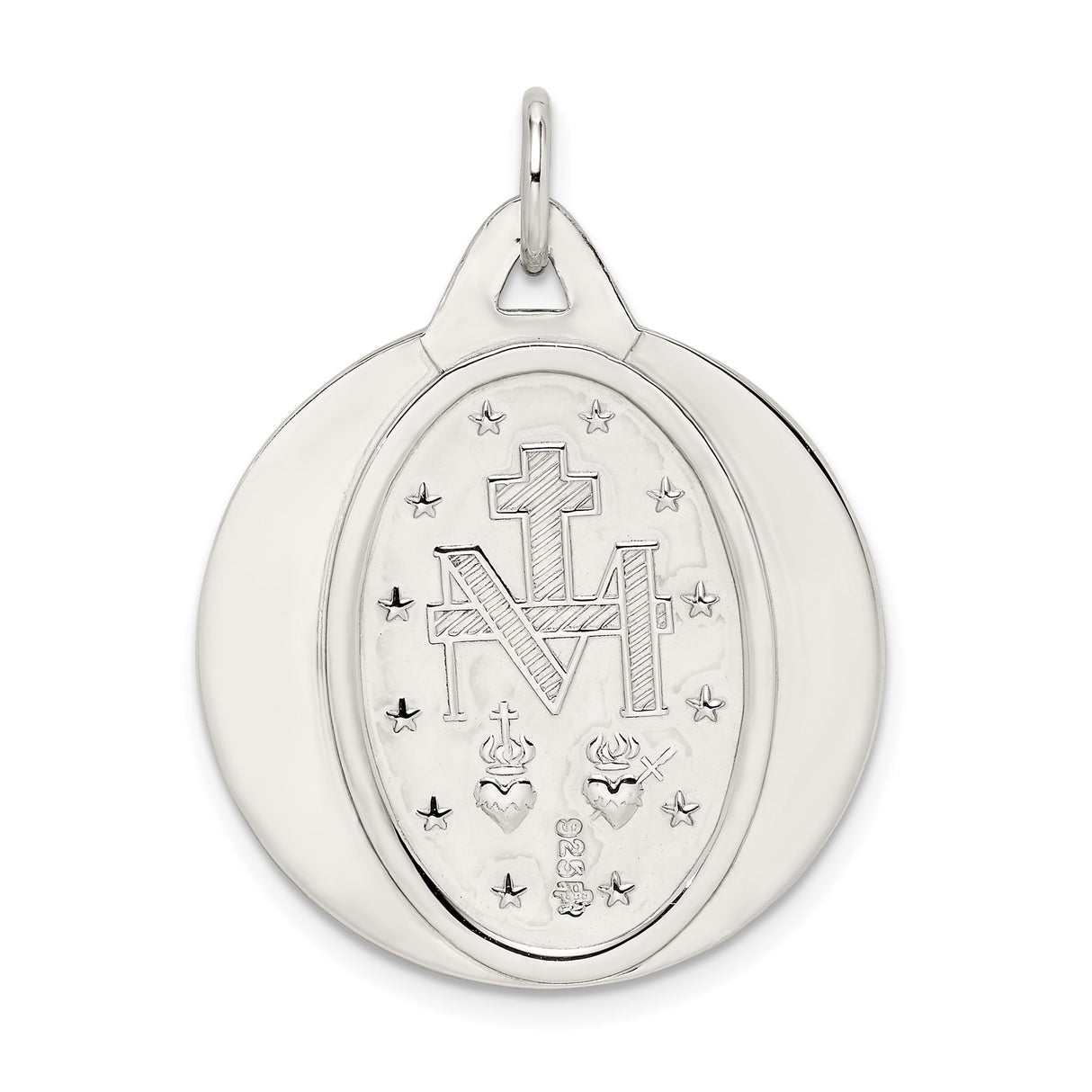 Sterling Silver Miraculous Medal Pendant with Virgin Mary and Religious Inscription