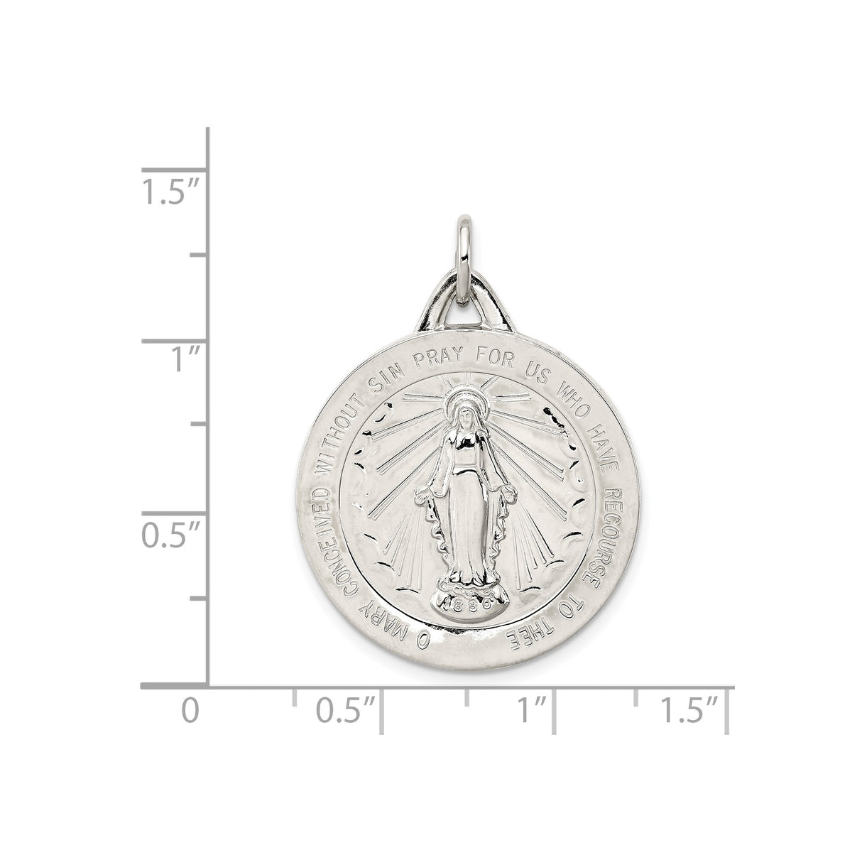 Sterling Silver Miraculous Medal Pendant with Virgin Mary and Religious Inscription