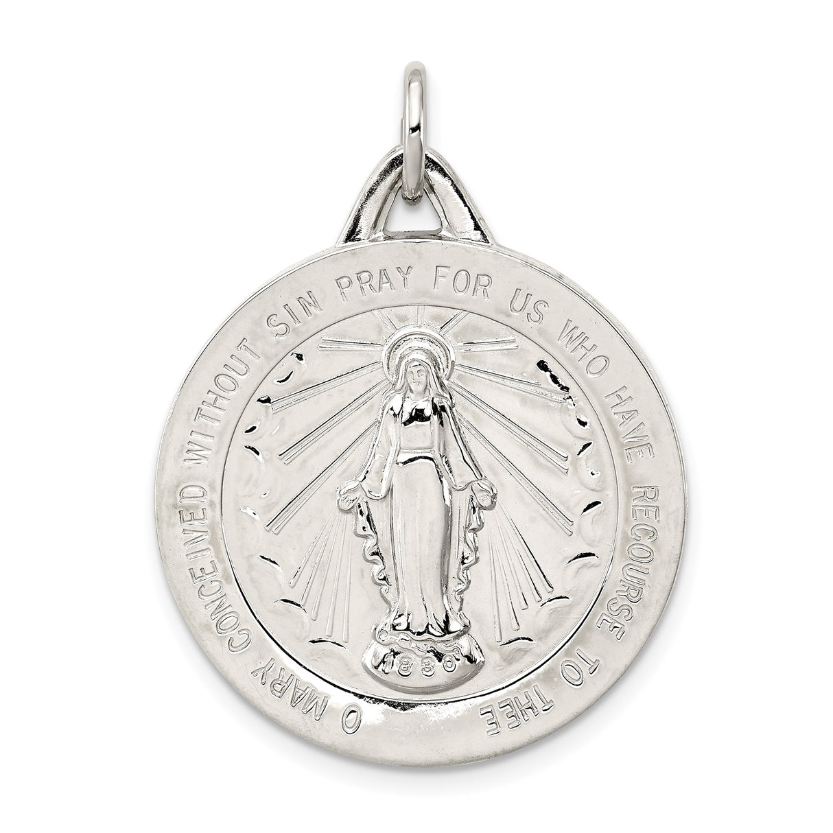 Sterling Silver Miraculous Medal Pendant with Virgin Mary and Religious Inscription