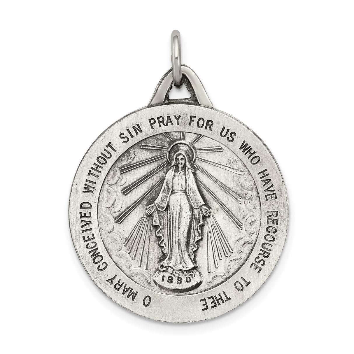 Sterling Silver Miraculous Medal Pendant Featuring Virgin Mary and Pray for Us Inscription