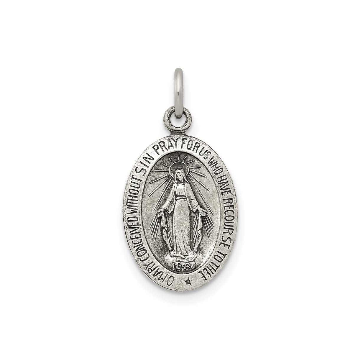 Sterling Silver Miraculous Medal Pendant, Virgin Mary with O Mary Conceived Inscription, Catholic Design