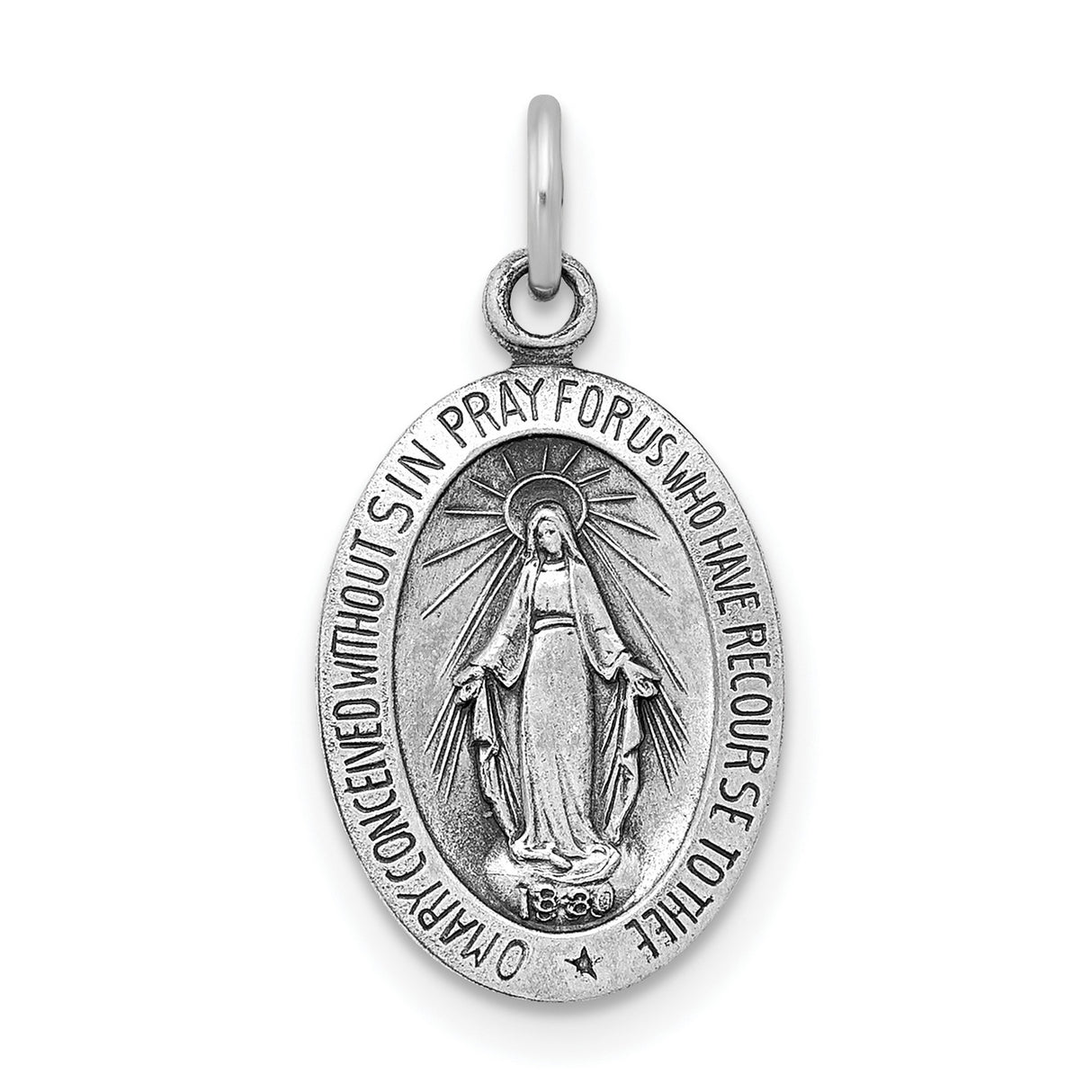 Sterling Silver Miraculous Medal Pendant Featuring Virgin Mary with Rays and Halo