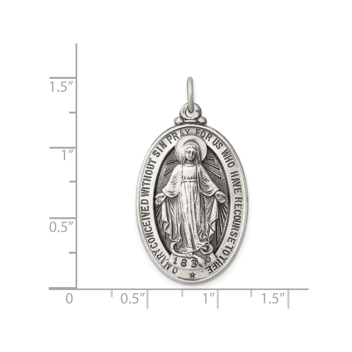 Sterling Silver Miraculous Medal Pendant with Virgin Mary and 1830 Inscription