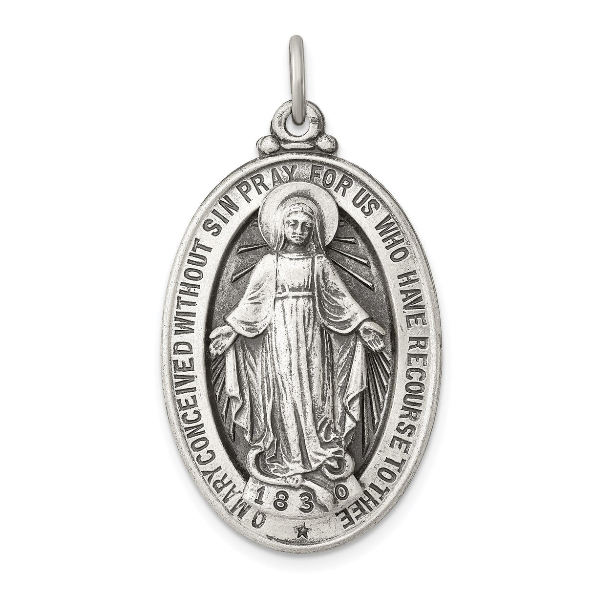 Sterling Silver Miraculous Medal Pendant with Virgin Mary and 1830 Inscription