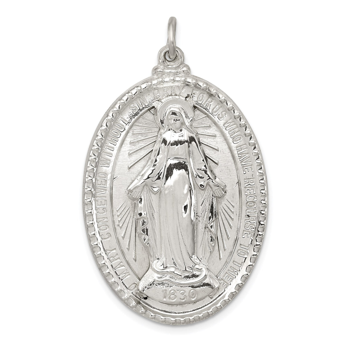 Sterling Silver Miraculous Medal Pendant Featuring Virgin Mary and Inscription