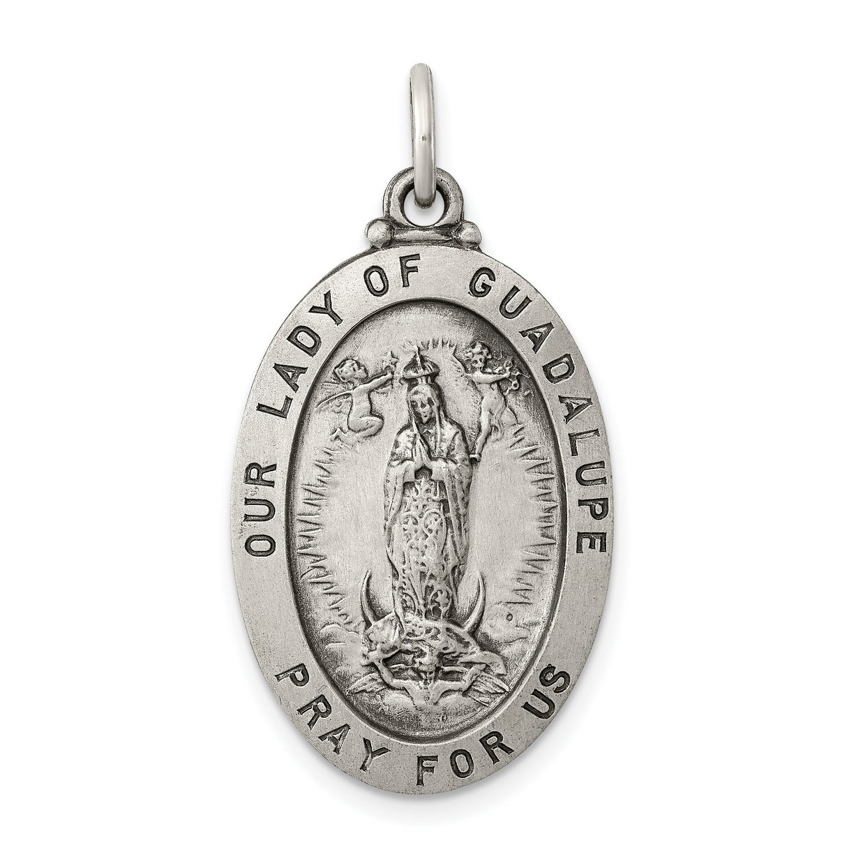 Oval Our Lady of Guadalupe Pray For Us Words Charm Pendant in Real 925 Sterling Silver
