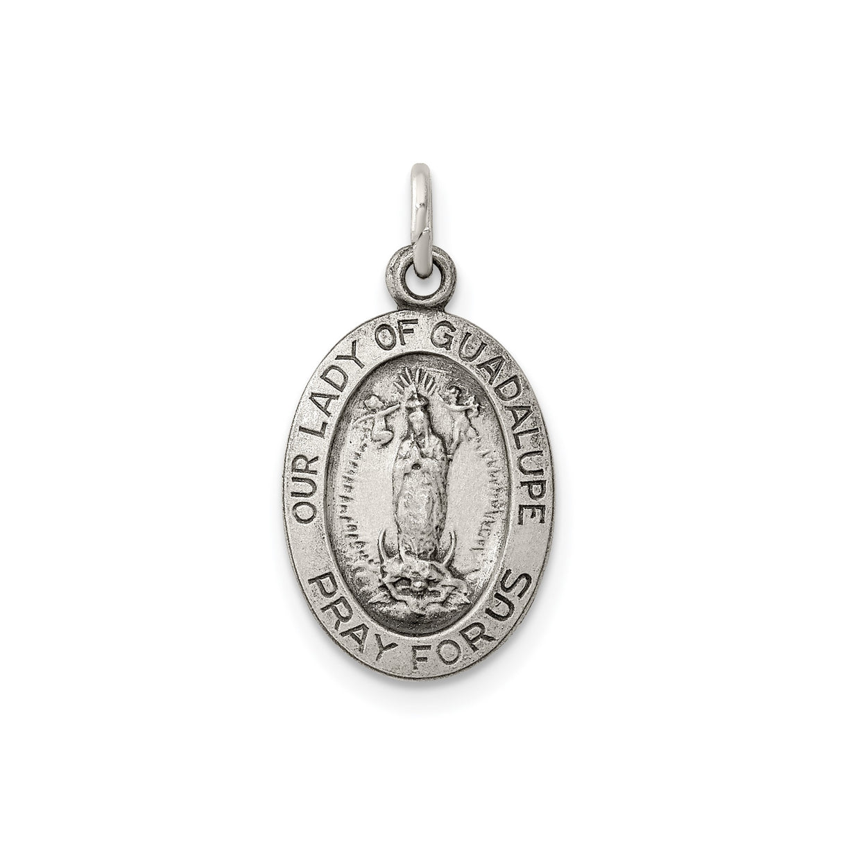 Sterling Silver Oval Pendant with Our Lady of Guadalupe and Pray for Us Inscription