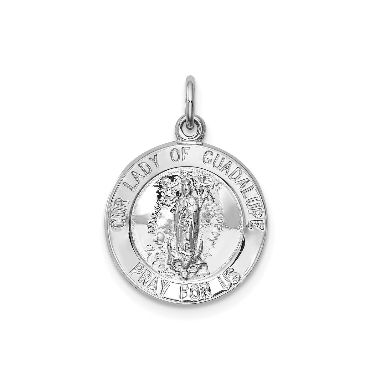 Sterling Silver Pendant Featuring Our Lady of Guadalupe with Raised Virgin Mary and Prayer