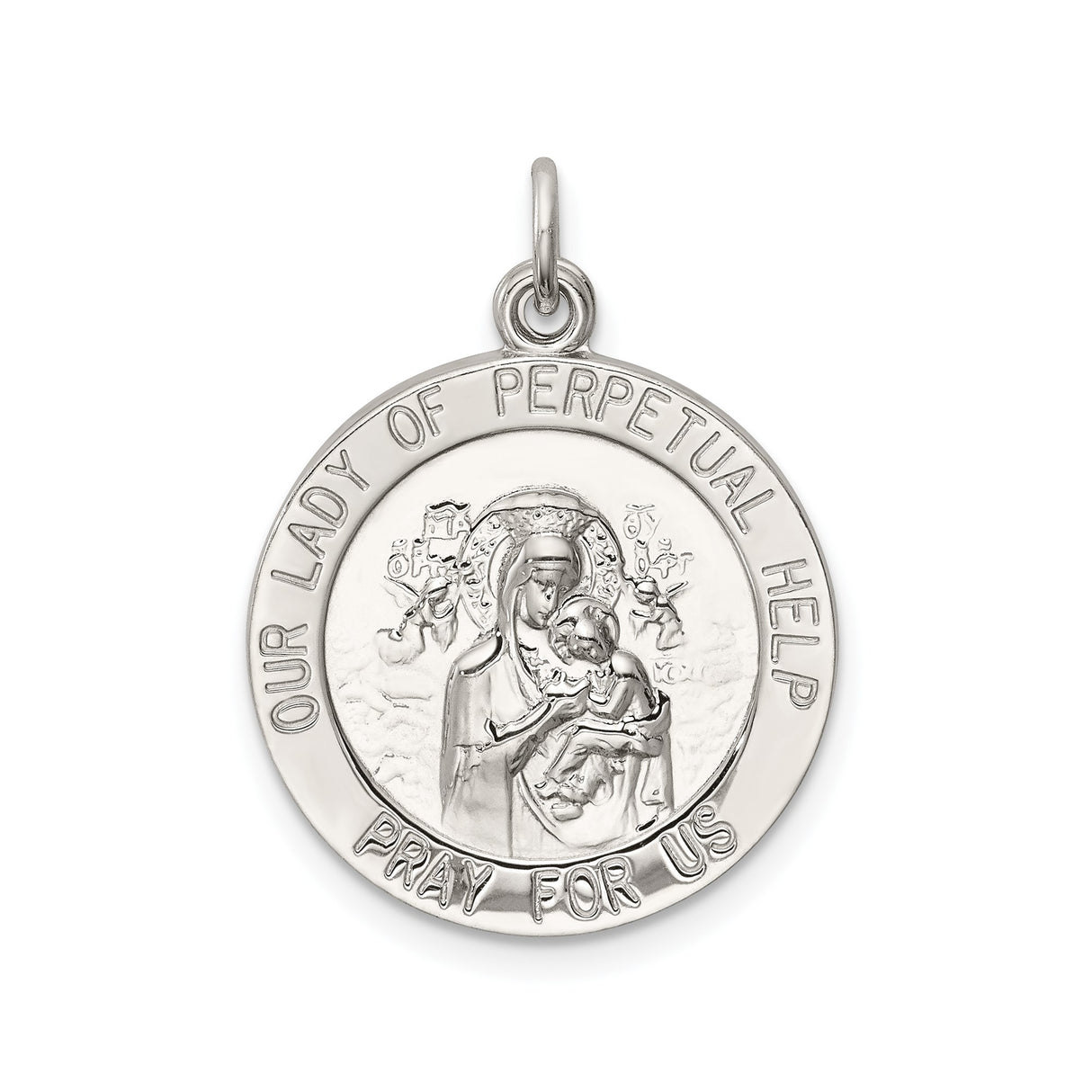 Sterling Silver Medal Pendant Featuring Our Lady of Perpetual Help and Pray for Us Inscription
