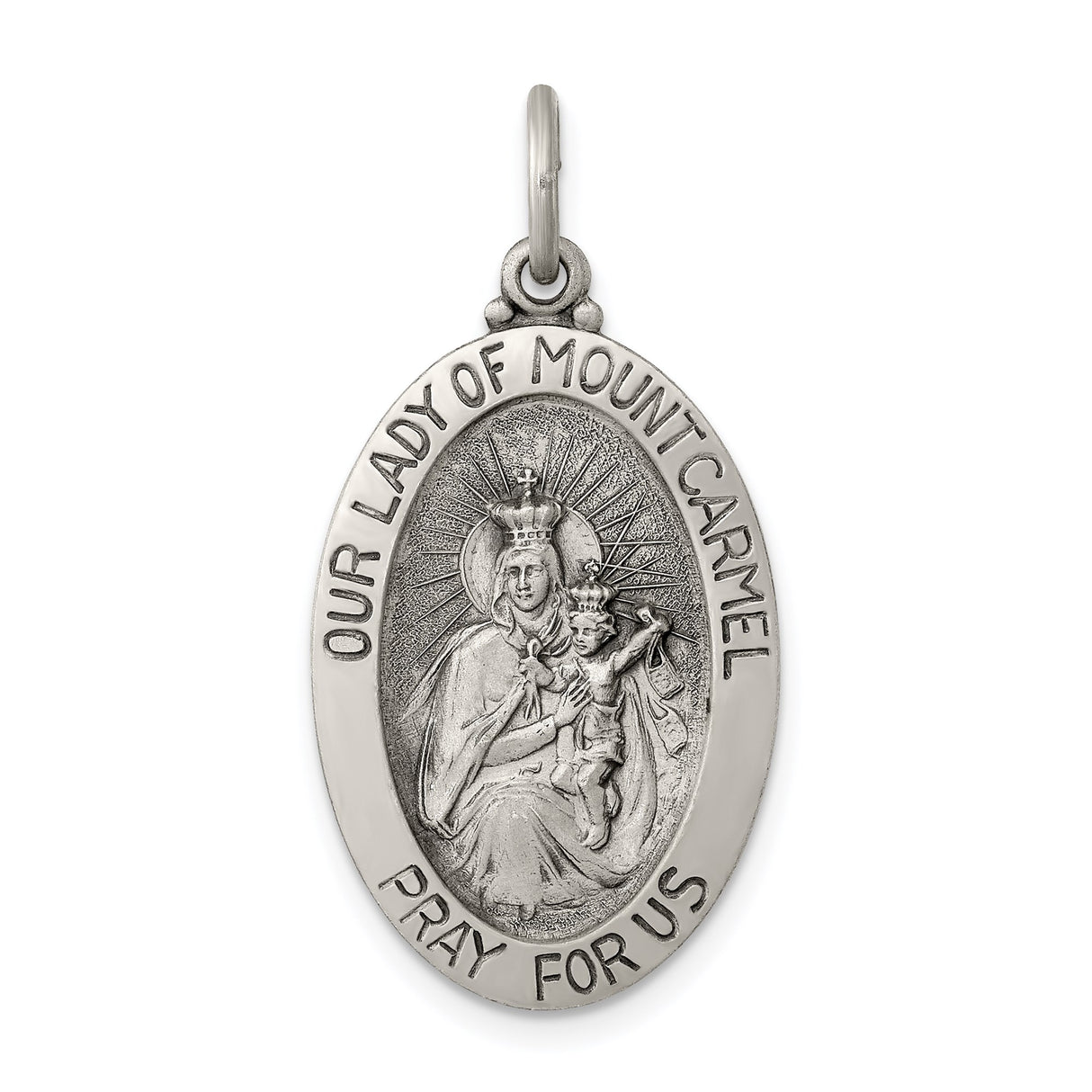 Sterling Silver Our Lady of Mount Carmel Medal Pendant with Virgin Mary and Baby Jesus