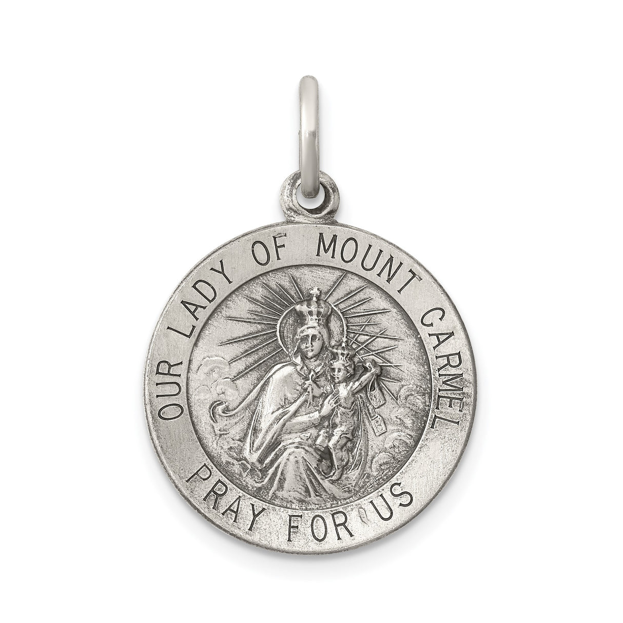 Sterling Silver Our Lady of Mount Carmel Pendant, Pray for Us Medal with Halos, Catholic Jewelry