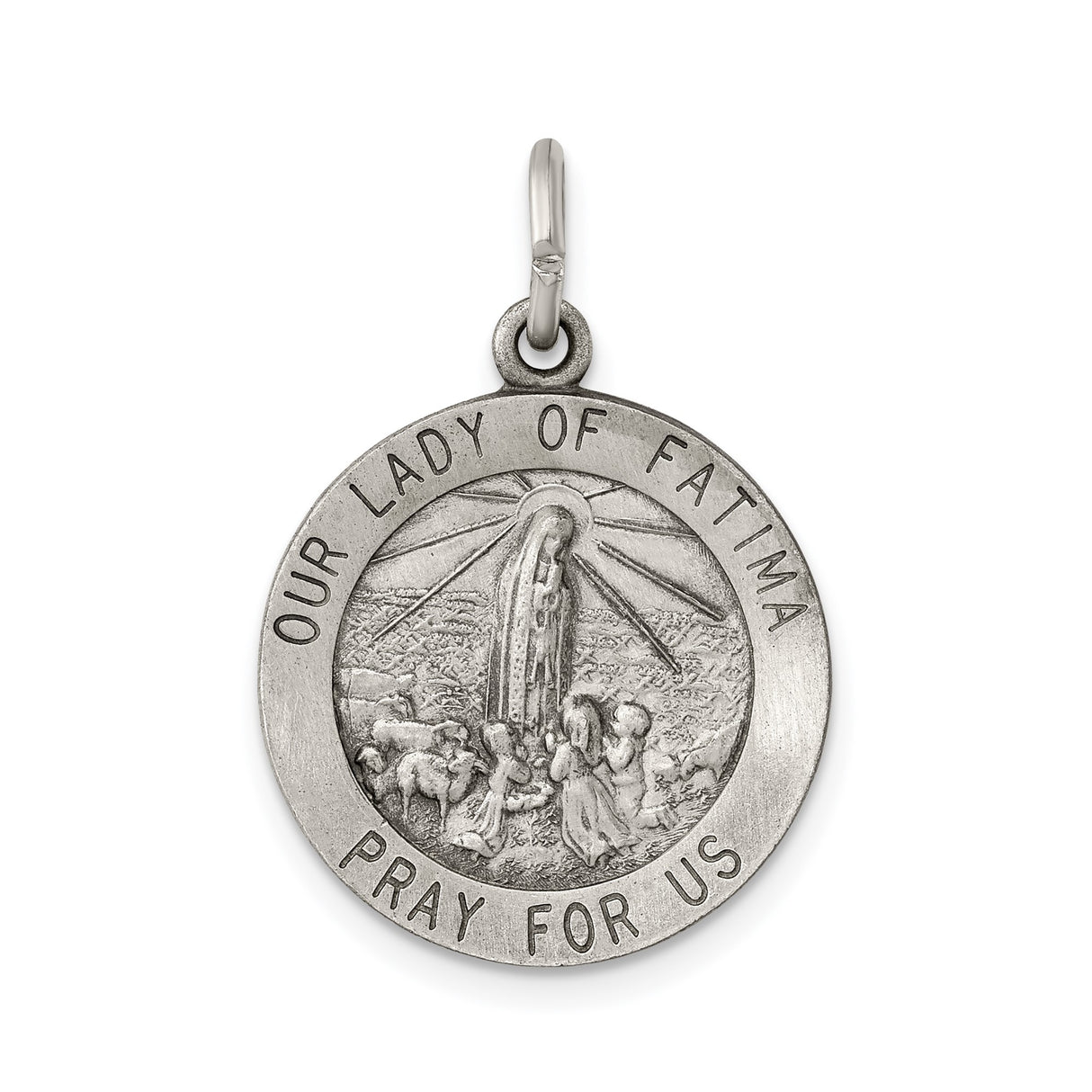 Sterling Silver Pendant Featuring Our Lady of Fatima and Pray for Us Catholic Medal