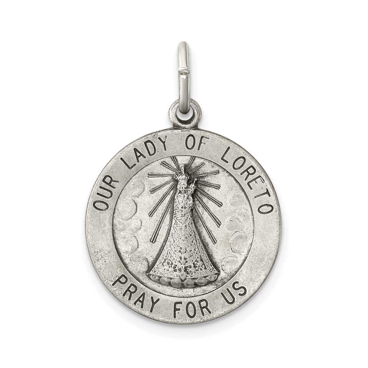 Sterling Silver Our Lady of Loreto Medal Pendant with Sunburst Design, Marian Catholic Charm