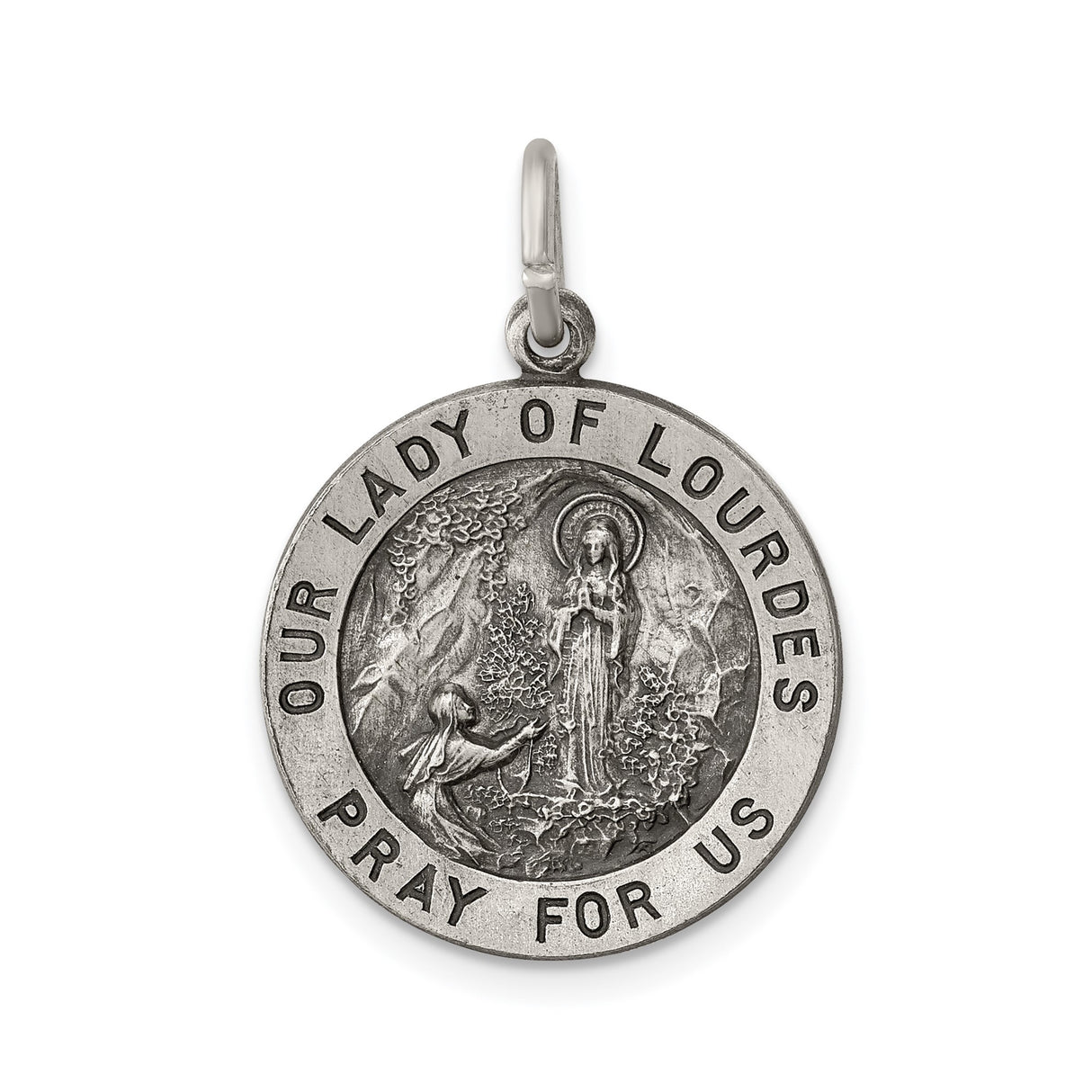 Sterling Silver Our Lady of Lourdes Pendant, Catholic Medal with Pray for Us Inscription