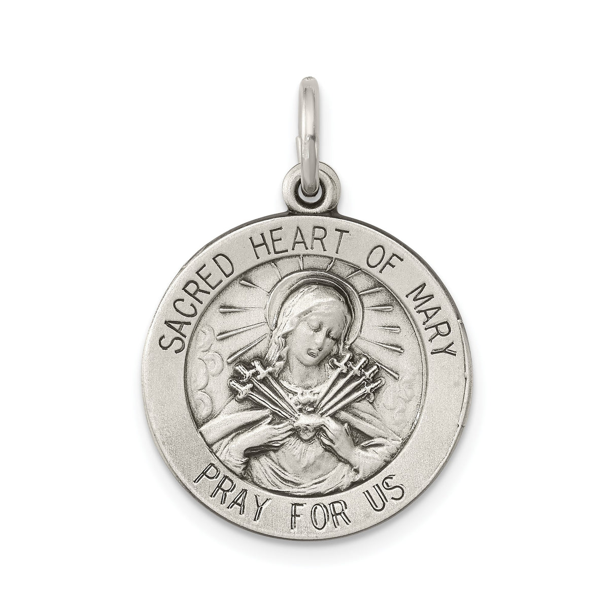 Sterling Silver Sacred Heart of Mary Pendant with Virgin Mary and Seven Swords