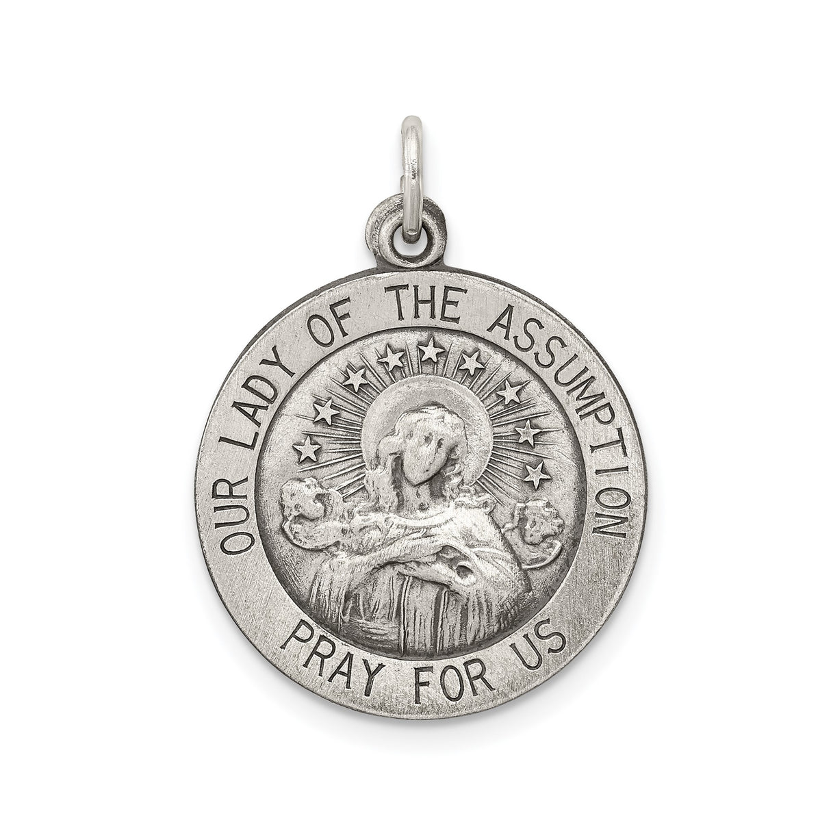 Sterling Silver Our Lady Assumption Pendant with Prayer Inscription , Catholic Religious Medal