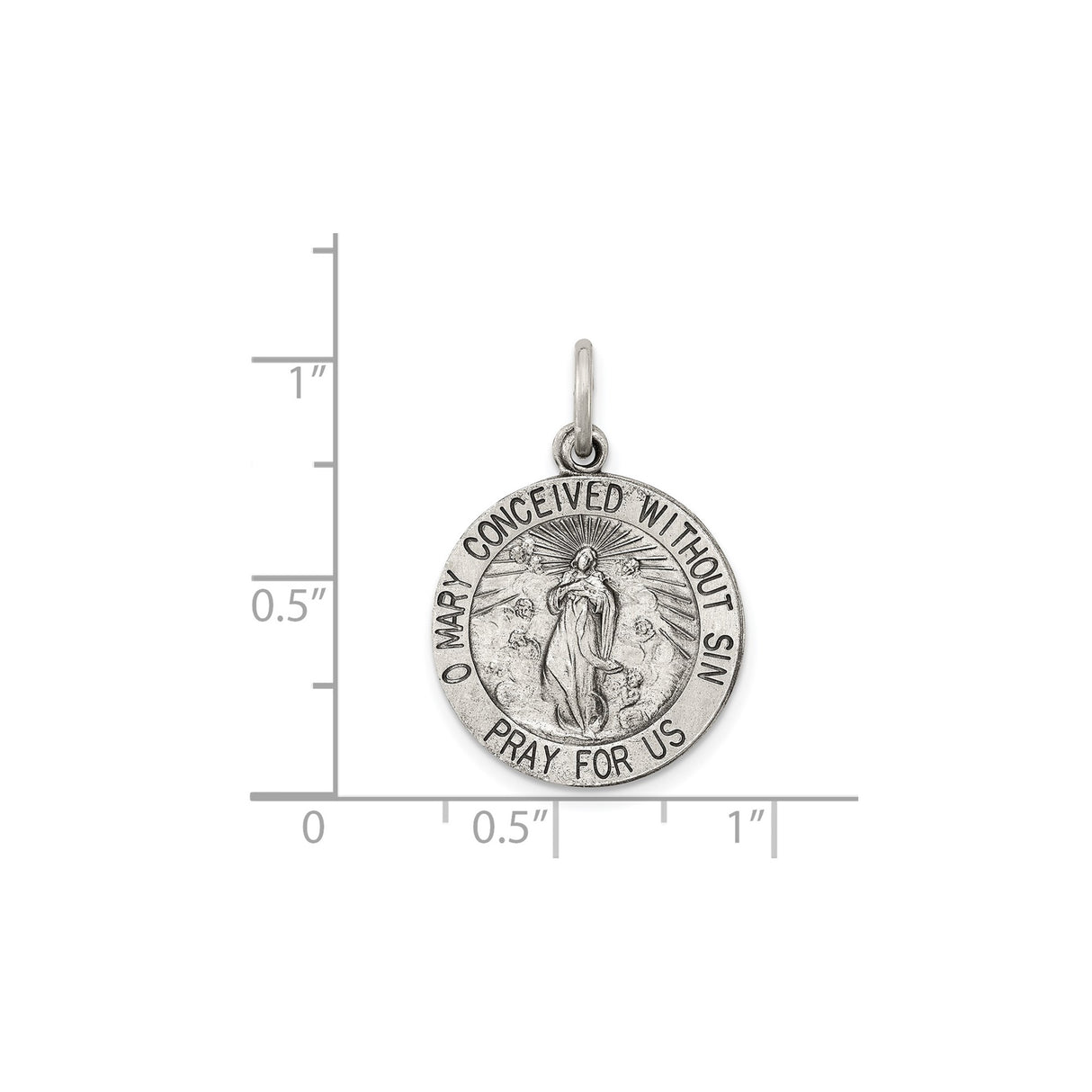 Sterling Silver Virgin Mary Pendant with O Mary Conceived Inscription, Miraculous Medal Design