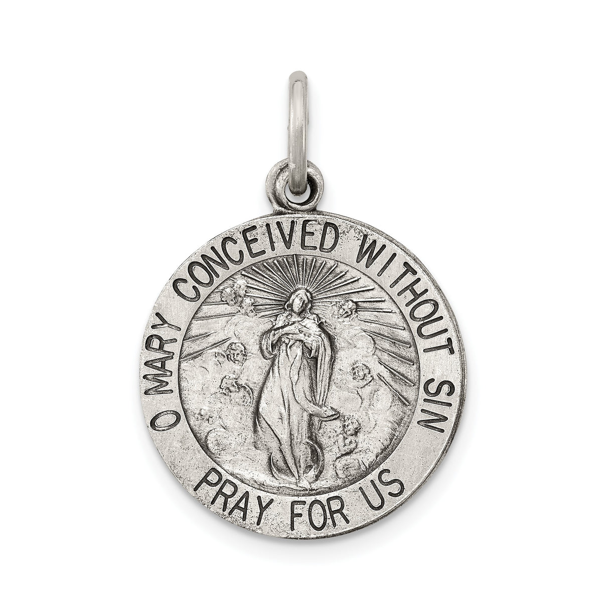 Sterling Silver Virgin Mary Pendant with O Mary Conceived Inscription, Miraculous Medal Design