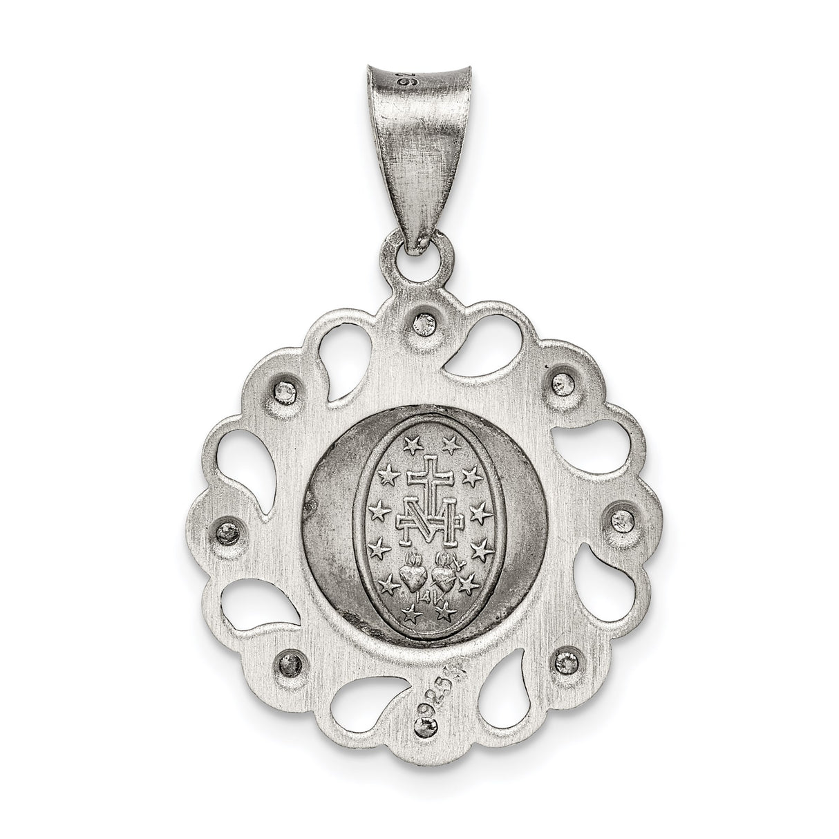 Sterling Silver Miraculous Medal Pendant with Virgin Mary and Cubic Zirconia Accents