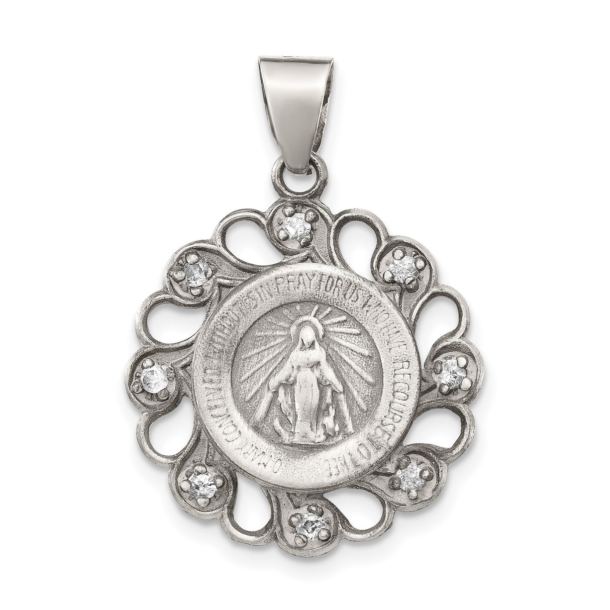 Sterling Silver Miraculous Medal Pendant with Virgin Mary and Cubic Zirconia Accents