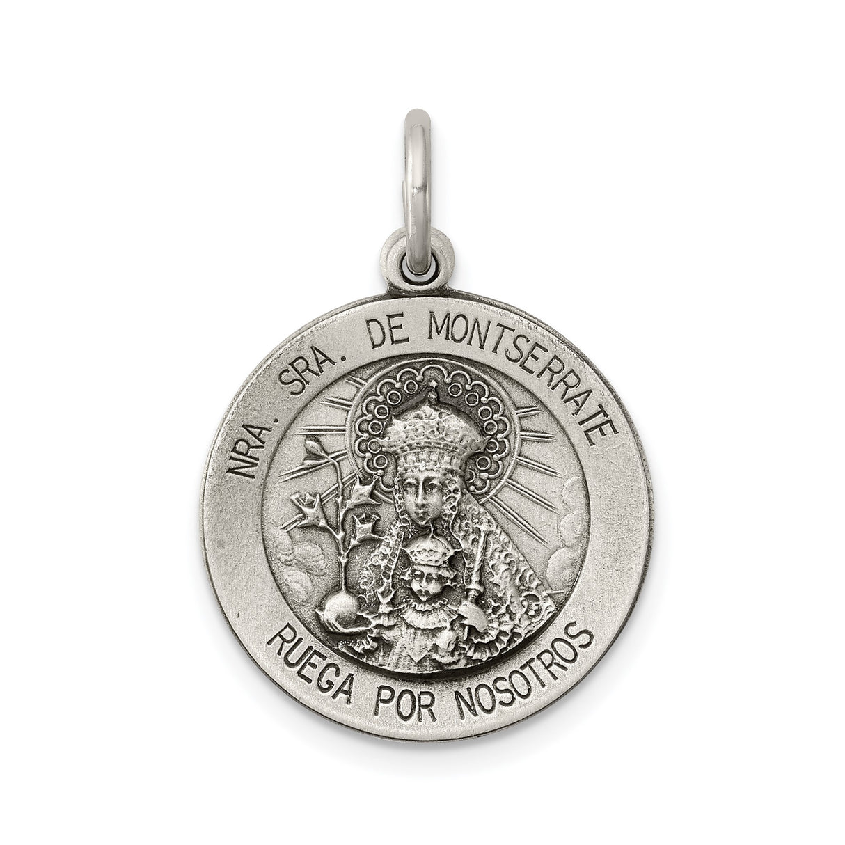 Sterling Silver Our Lady of Montserrate Medal Pendant with Latin Inscription