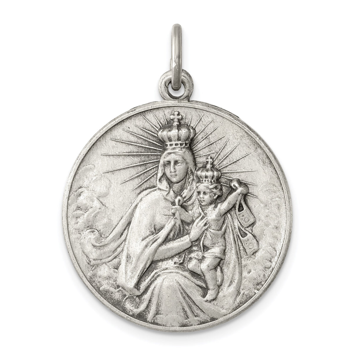 Sterling Silver Catholic Pendant with Crowned Virgin Mary and Jesus, Radiant Halos