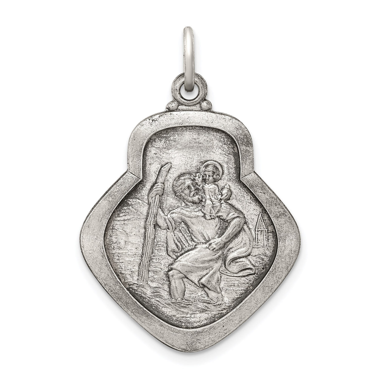 Sterling Silver Saint Christopher Pendant with Halo Shield Detail, Antique Style Religious Medal