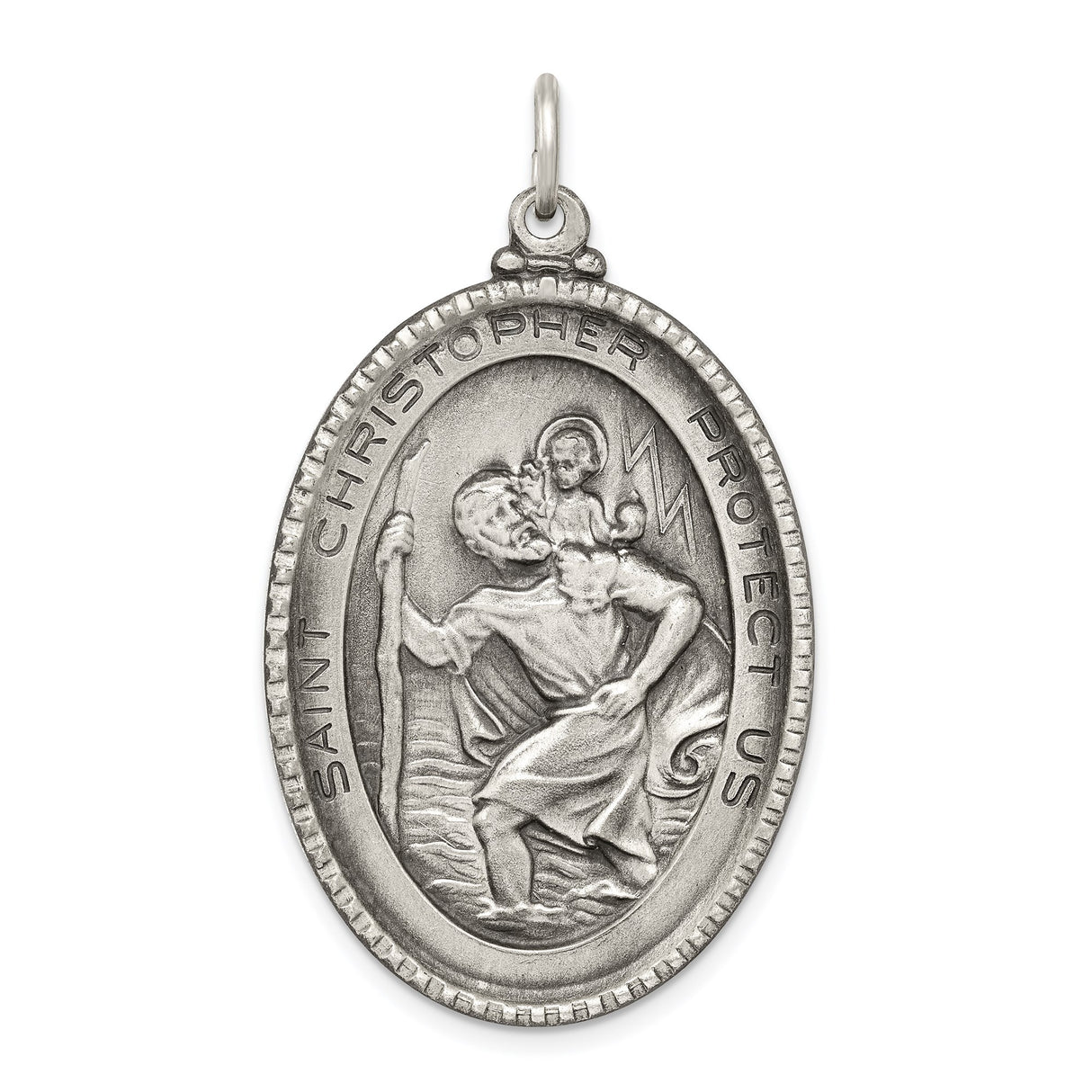 Sterling Silver Saint Christopher Pendant, Travel Protection Oval Medal Charm