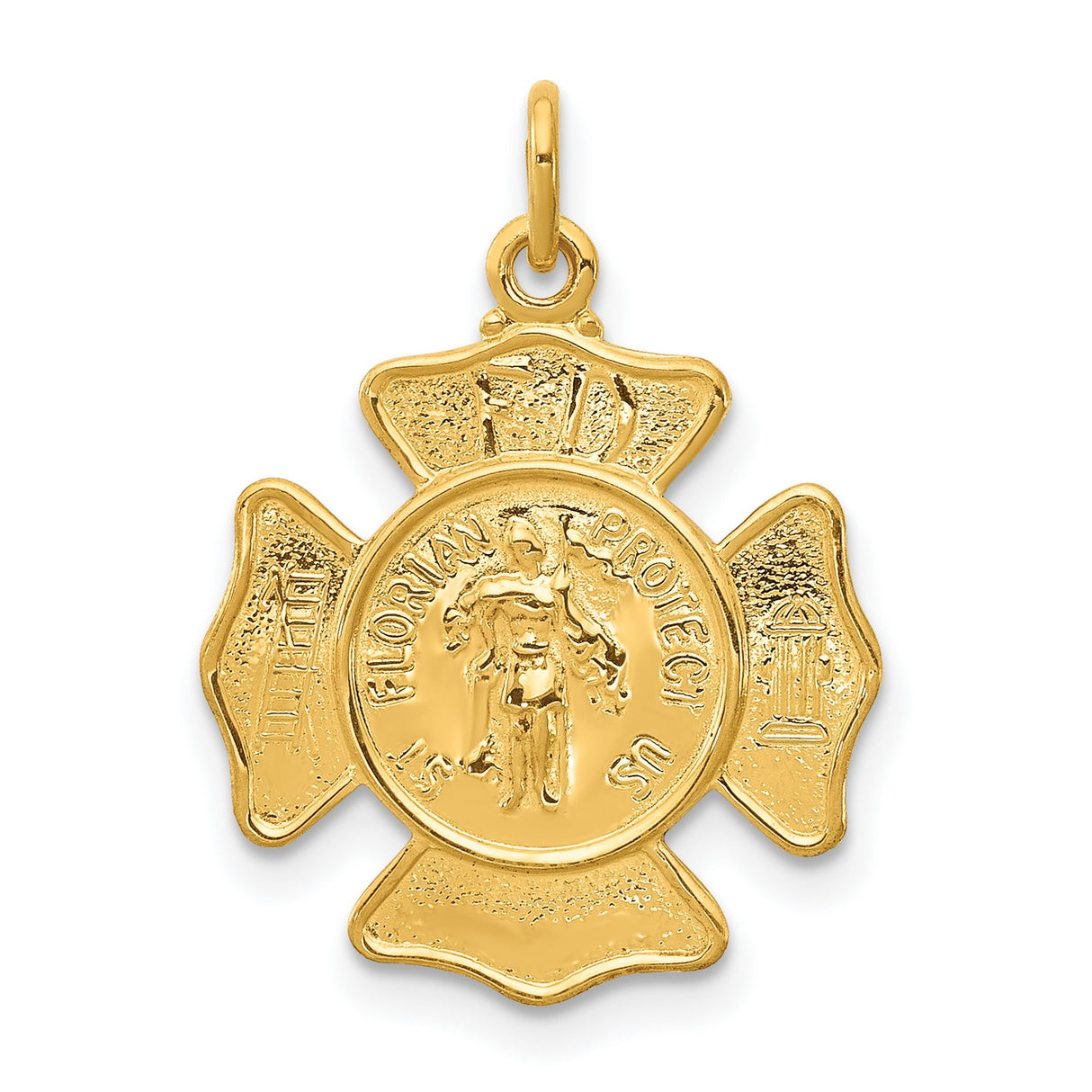 Saint Florian Protect Us Words On Firemans Badge Charm Pendant in Real 925 Sterling Silver