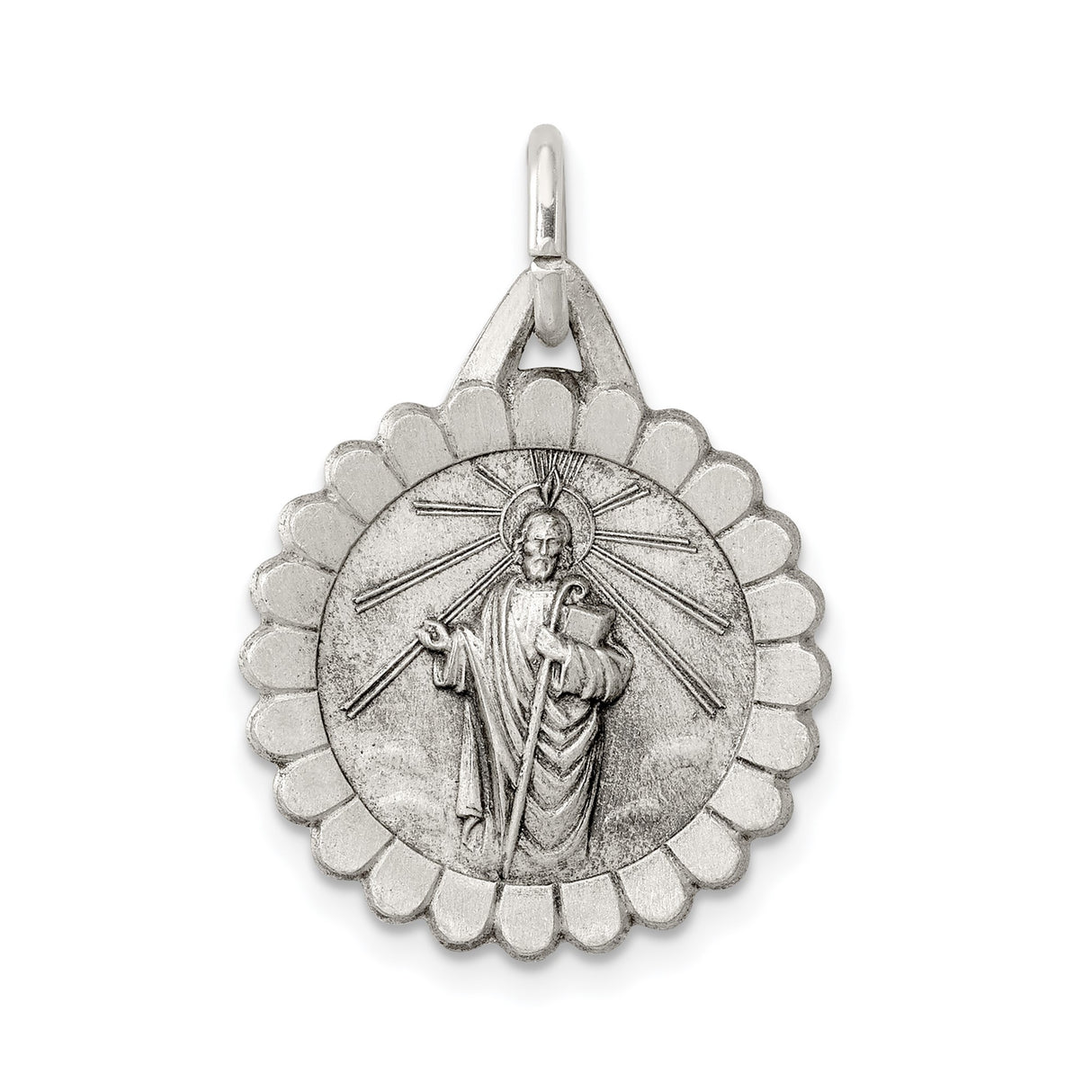 Sterling Silver Jesus Christ Pendant with Halo, Rays, Book and Shepherd Staff