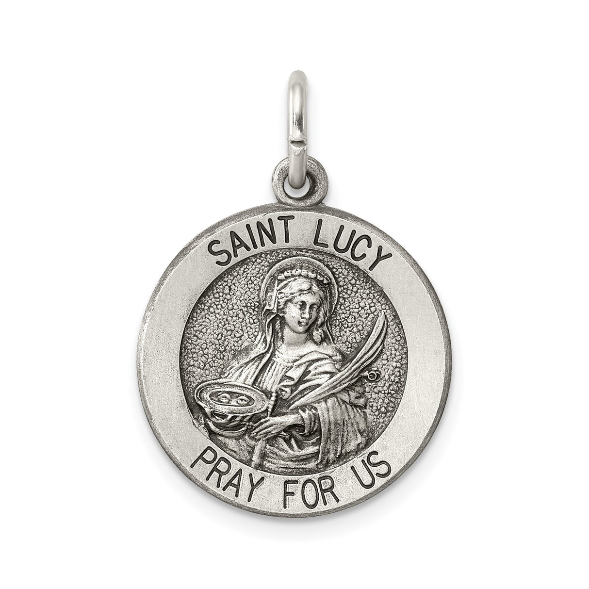 Sterling Silver Saint Lucy Pendant, Round Catholic Medal with Pray for Us Inscription